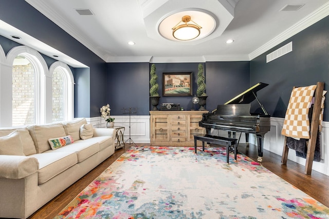 11070 Birch Lake Dr, Granger, IN 46530 - living room with ornamental molding, wood finished floors, wainscoting, and recessed lighting