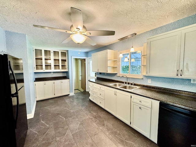 2424 S Webster St, Kokomo, IN 46902 - kitchen featuring black appliances, a sink, open shelves, dark countertops, and a textured ceiling