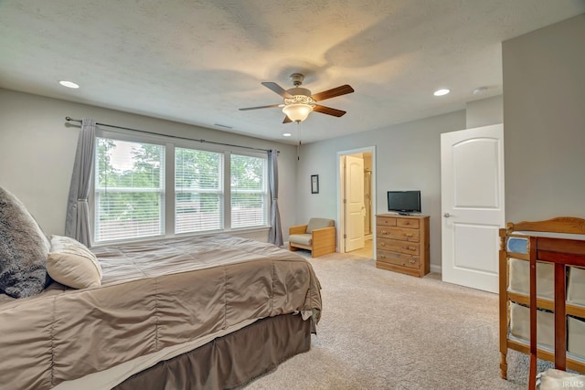 4774 W Hidden Meadow Dr, Bloomington, IN 47404 - bedroom with recessed lighting, light colored carpet, and ceiling fan