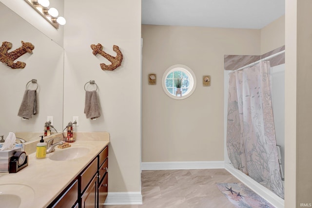91 Smiths Rd, Mitchell, IN 47446 - bathroom with double vanity, baseboards, and shower / bathtub combination with curtain