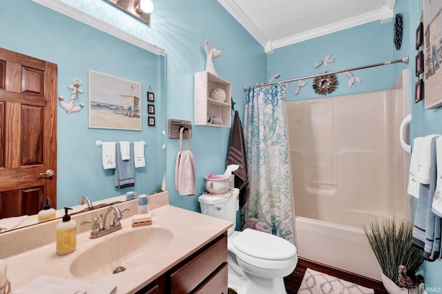 91 Smiths Rd, Mitchell, IN 47446 - bathroom with crown molding, vanity, toilet, shower / tub combo with curtain, and wood finished floors
