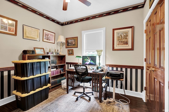 91 Smiths Rd, Mitchell, IN 47446 - office featuring wood finished floors, a ceiling fan, baseboards, and crown molding