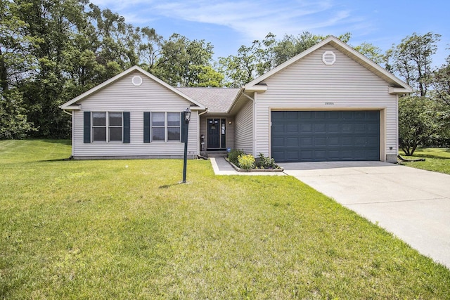 18086 Courtland Dr, South Bend, IN 46637 - ranch-style house with driveway, a garage, and a front lawn