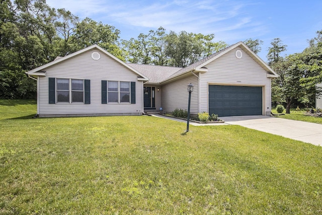 18086 Courtland Dr, South Bend, IN 46637 - ranch-style home featuring an attached garage, driveway, a front lawn, and a shingled roof