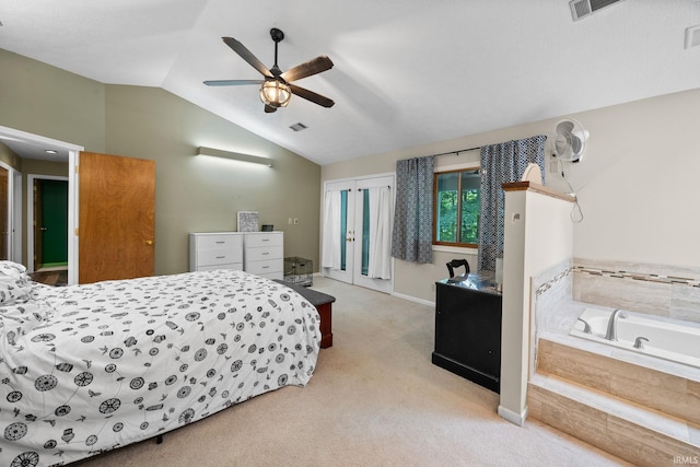 1320 Castle Dr, Lafayette, IN 47905 - bedroom featuring light carpet, lofted ceiling, ceiling fan, baseboards, and access to outside