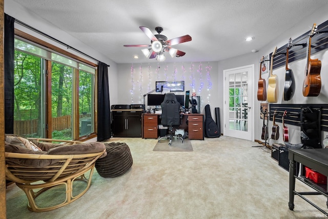1320 Castle Dr, Lafayette, IN 47905 - home office with healthy amount of natural light, ceiling fan, light carpet, recessed lighting, and a textured ceiling