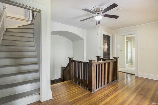 706 Park Ave, South Bend, IN 46616 - stairs with wood-type flooring, crown molding, baseboards, ceiling fan, and arched walkways