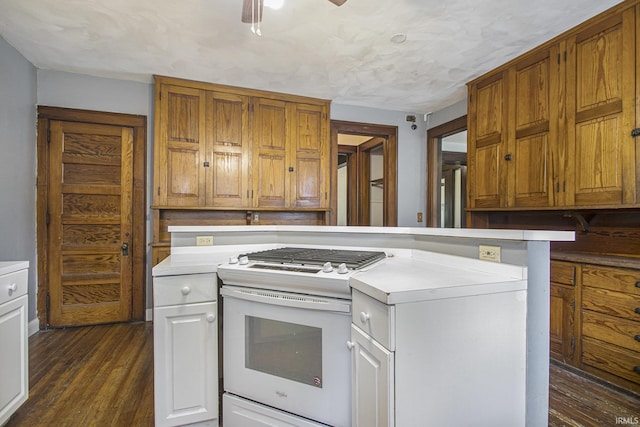 706 Park Ave, South Bend, IN 46616 - kitchen featuring white range with gas stovetop, dark wood-style flooring, light countertops, and a ceiling fan