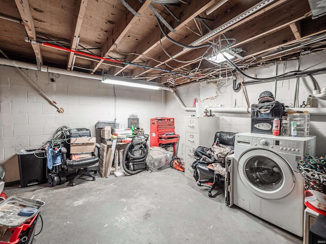 11219 Denzer Rd, Evansville, IN 47712 - unfinished below grade area featuring washer / clothes dryer and concrete block wall