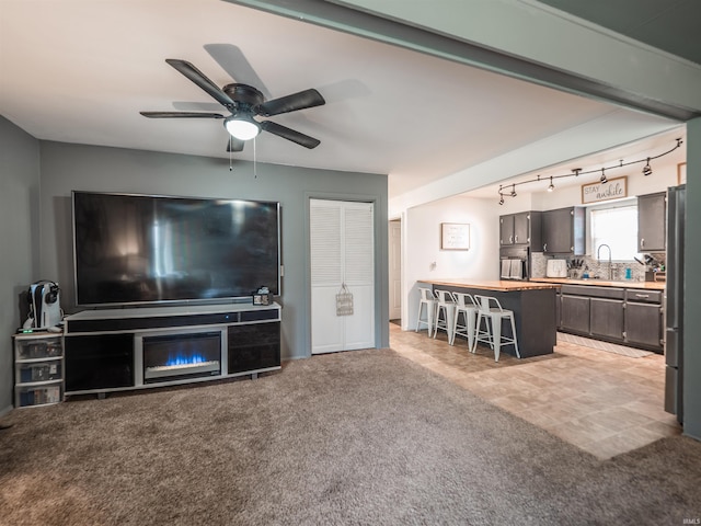 11219 Denzer Rd, Evansville, IN 47712 - living area with light carpet, a ceiling fan, and track lighting