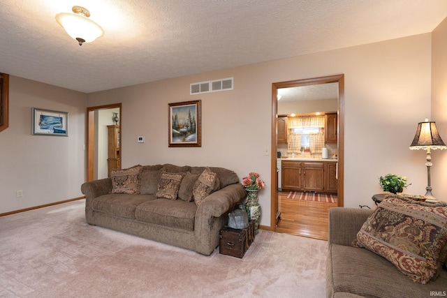 300 S Heritage Dr, Delphi, IN 46923 - living room with light carpet, a textured ceiling, and baseboards