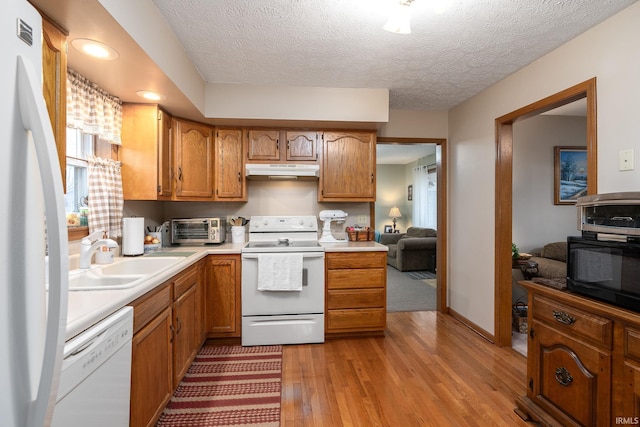 300 S Heritage Dr, Delphi, IN 46923 - kitchen featuring white appliances, under cabinet range hood, a sink, light wood-style floors, and brown cabinetry