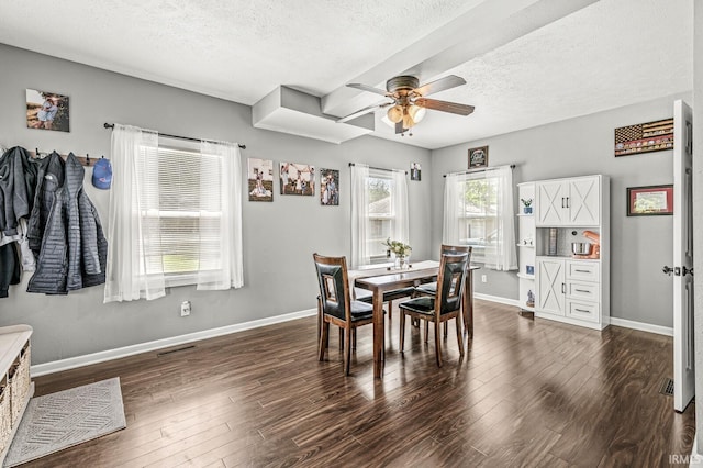 542 E Michigan St, New Carlisle, IN 46552 - dining room with a textured ceiling, ceiling fan, dark wood finished floors, and baseboards