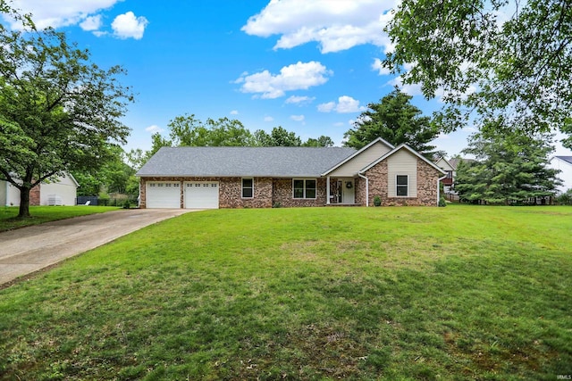 1905 E Kensington Pl, Bloomington, IN 47401 - ranch-style house featuring stone siding, an attached garage, concrete driveway, and a front lawn