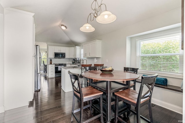 210 Meadows Dr, Greentown, IN 46936 - dining area featuring dark wood finished floors, plenty of natural light, vaulted ceiling, and baseboards