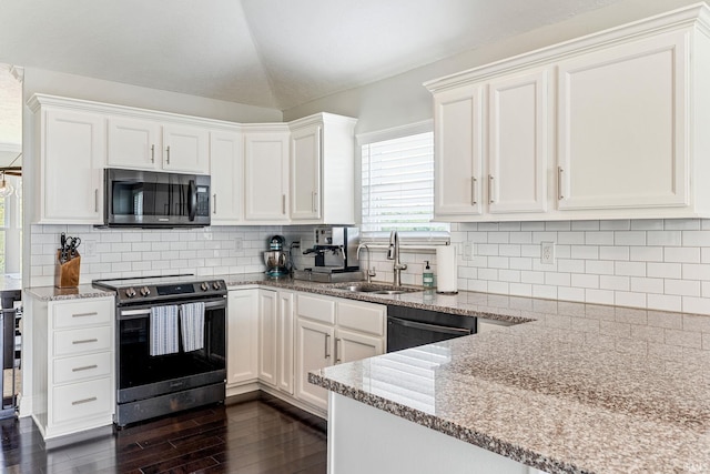 210 Meadows Dr, Greentown, IN 46936 - kitchen with stainless steel range with electric cooktop, a sink, black dishwasher, dark wood-style flooring, and light stone countertops