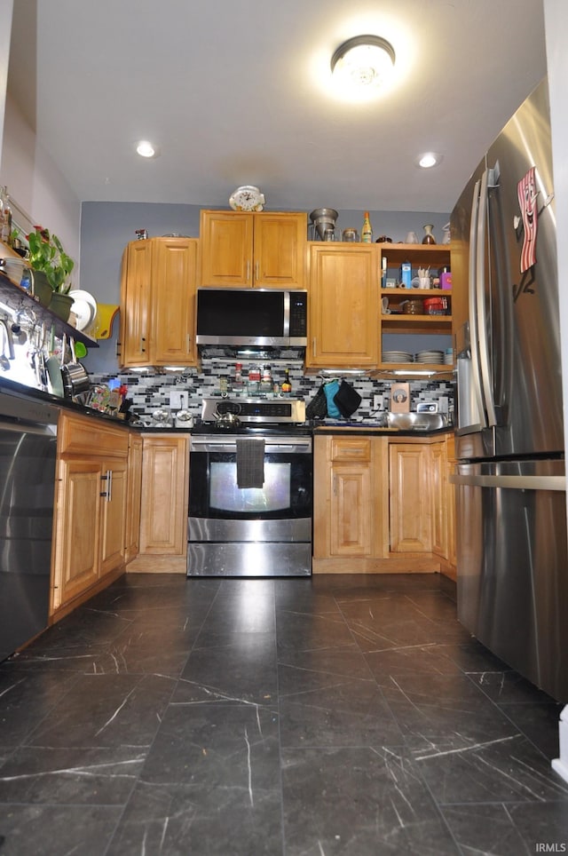 1502 S College Ave, Bloomington, IN 47403 - kitchen with appliances with stainless steel finishes, dark countertops, tasteful backsplash, open shelves, and dark marble finish floors