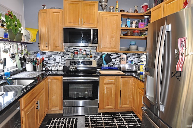 1502 S College Ave, Bloomington, IN 47403 - kitchen with stainless steel appliances, open shelves, decorative backsplash, and wine cooler