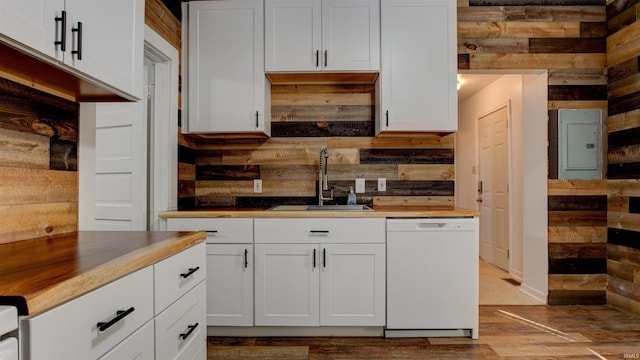 3215 Forest Ave, Evansville, IN 47712 - kitchen with white dishwasher, a sink, electric panel, white cabinets, and light wood finished floors