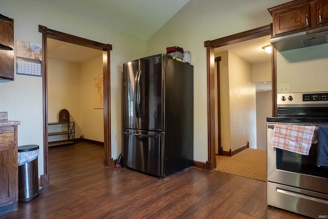 1339 Clark Ave, Bluffton, IN 46714 - kitchen featuring appliances with stainless steel finishes, dark wood-type flooring, ventilation hood, baseboards, and vaulted ceiling
