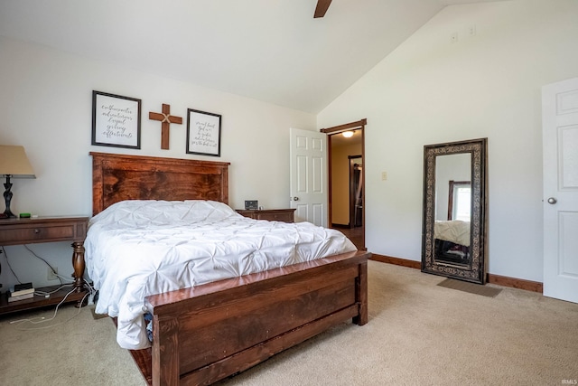 1339 Clark Ave, Bluffton, IN 46714 - bedroom featuring light carpet, high vaulted ceiling, ceiling fan, and baseboards