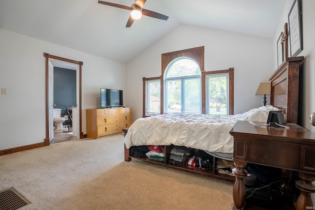 1339 Clark Ave, Bluffton, IN 46714 - bedroom with light carpet, high vaulted ceiling, ceiling fan, baseboards, and ensuite bath