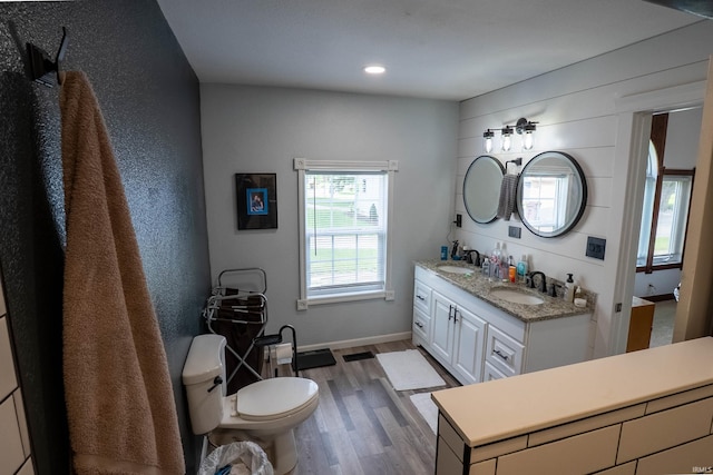 1339 Clark Ave, Bluffton, IN 46714 - bathroom featuring wood finished floors, double vanity, toilet, recessed lighting, and baseboards