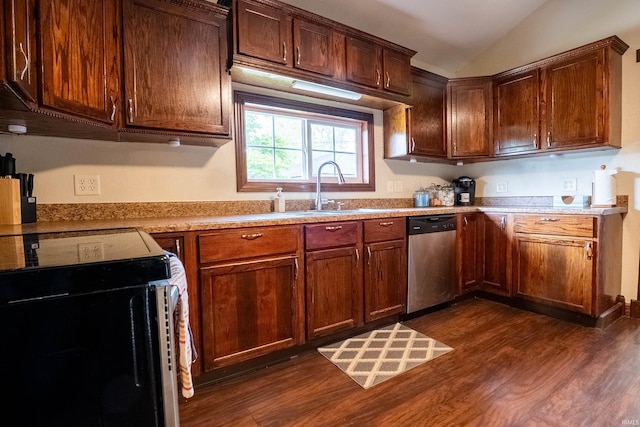 1339 Clark Ave, Bluffton, IN 46714 - kitchen featuring stainless steel dishwasher, stove, dark wood finished floors, vaulted ceiling, and a sink