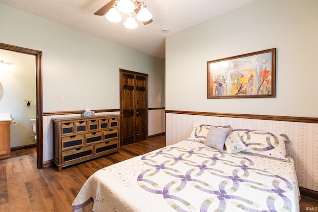 5003 N Chatham Dr, Bloomington, IN 47404 - bedroom featuring wainscoting, wood finished floors, and ceiling fan
