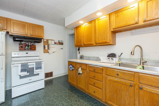 2806 Milburn Blvd, Mishawaka, IN 46544 - kitchen with white range with electric cooktop, a sink, under cabinet range hood, and light countertops