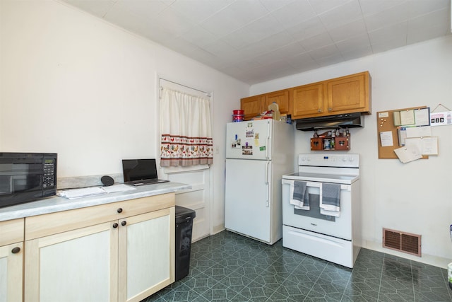 2806 Milburn Blvd, Mishawaka, IN 46544 - kitchen featuring white appliances, under cabinet range hood, light countertops, dark floors, and brown cabinets