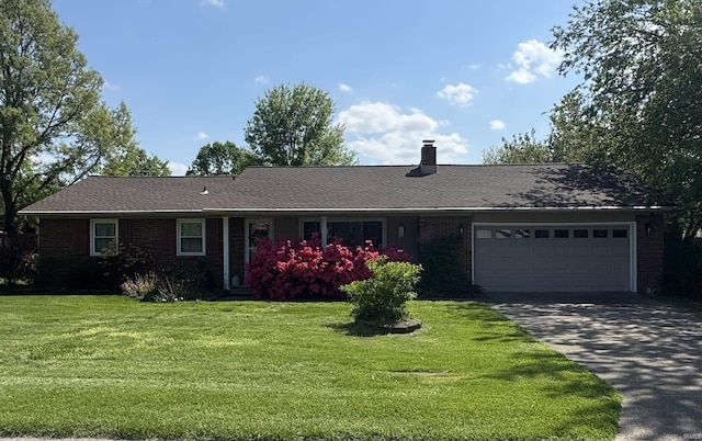 8133 Maple Ln, Newburgh, IN 47630 - ranch-style house featuring a garage, driveway, brick siding, a chimney, and a front yard