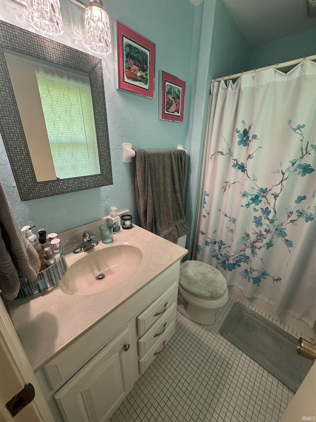 8133 Maple Ln, Newburgh, IN 47630 - bathroom with vanity, toilet, tile patterned flooring, and a shower with curtain