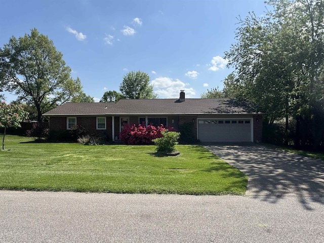 8133 Maple Ln, Newburgh, IN 47630 - ranch-style house with a garage, asphalt driveway, a front yard, a chimney, and brick siding