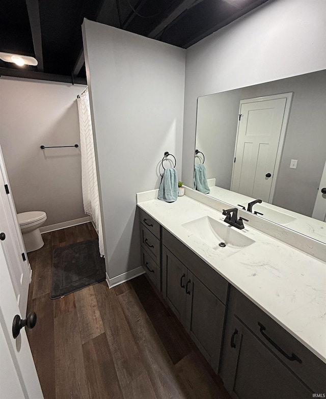 9 Deerfield Ln, Washington, IN 47501 - full bath featuring wood finished floors, vanity, toilet, baseboards, and a shower with shower curtain