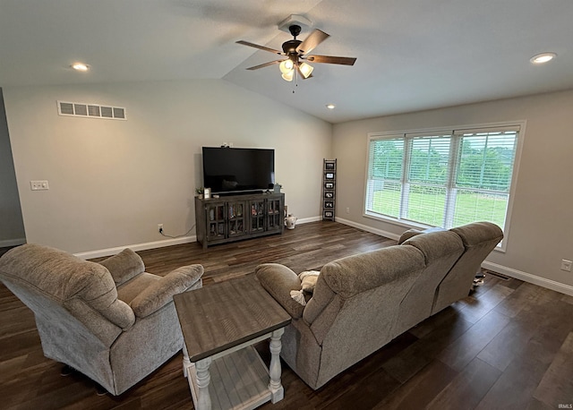 9 Deerfield Ln, Washington, IN 47501 - living room featuring a ceiling fan, lofted ceiling, dark wood finished floors, baseboards, and recessed lighting