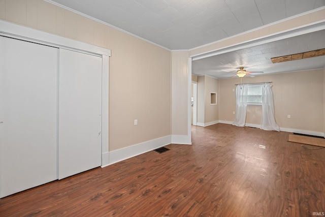 1804 Maple St, Lafayette, IN 47904 - unfurnished living room with crown molding, a ceiling fan, wood finished floors, and baseboards