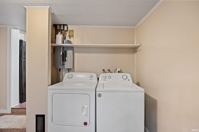 1804 Maple St, Lafayette, IN 47904 - laundry area featuring washer and clothes dryer, electric panel, carpet flooring, and ornamental molding