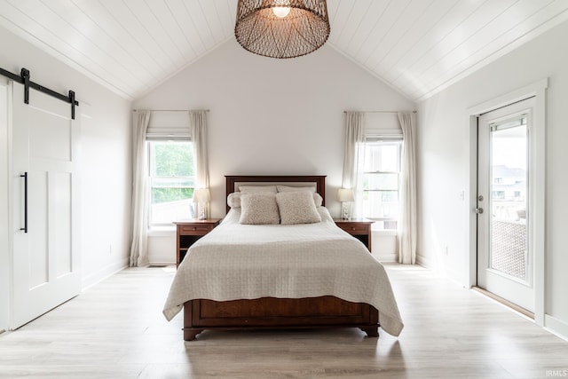119 Artisan Pass, Fort Wayne, IN 46845 - bedroom with a barn door, access to exterior, vaulted ceiling, light wood-style floors, and wood ceiling