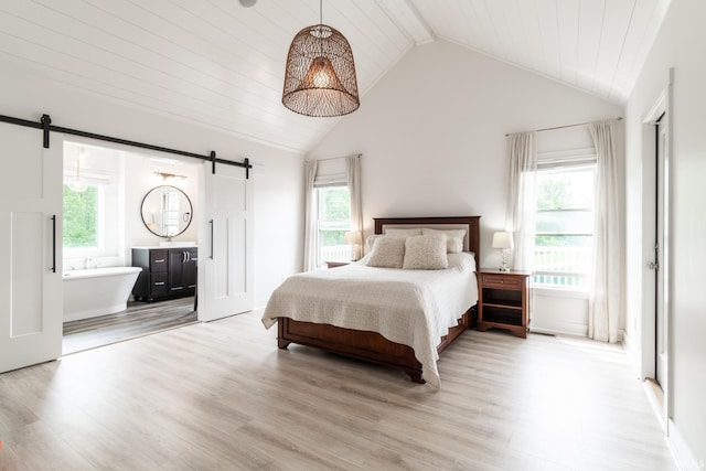 119 Artisan Pass, Fort Wayne, IN 46845 - bedroom with a barn door, light wood-style flooring, wood ceiling with exposed beams, high vaulted ceiling, and ensuite bathroom