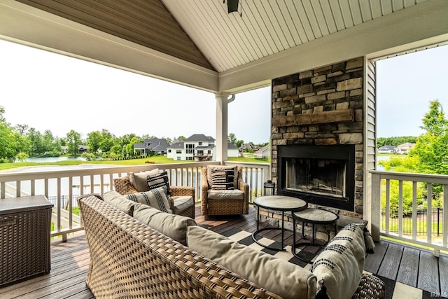 119 Artisan Pass, Fort Wayne, IN 46845 - wooden terrace with an outdoor living space with a fireplace and a water view