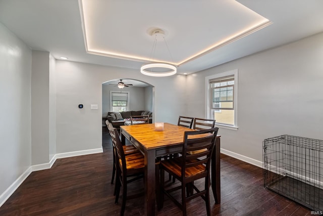 1706 Pierce St, Lafayette, IN 47905 - dining area with a raised ceiling, plenty of natural light, arched walkways, and wood finished floors