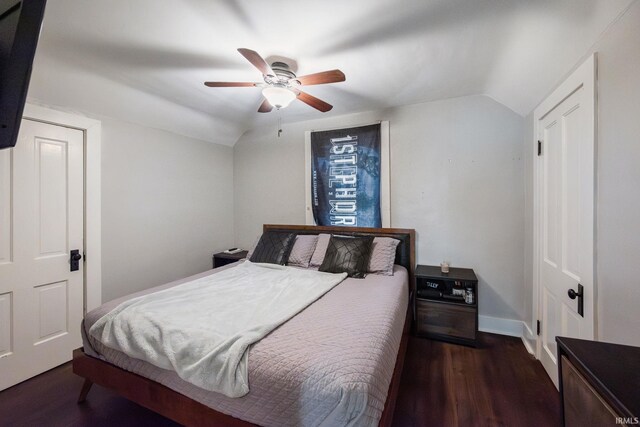 1706 Pierce St, Lafayette, IN 47905 - bedroom featuring wood finished floors, vaulted ceiling, baseboards, and a ceiling fan
