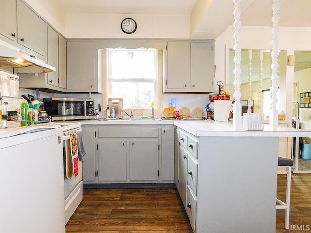 2363 N Oak Dr, Bluffton, IN 46714 - kitchen with stainless steel microwave, under cabinet range hood, dark wood-style flooring, and a kitchen breakfast bar
