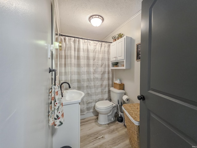 160 SW 5th St, Linton, IN 47441 - bathroom with toilet, vanity, wood finished floors, a textured ceiling, and a shower with curtain