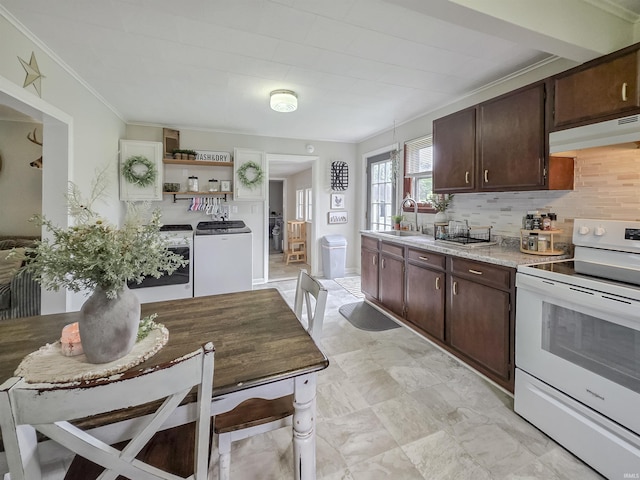 160 SW 5th St, Linton, IN 47441 - kitchen featuring electric range, range hood, dark brown cabinetry, washing machine and dryer, and crown molding