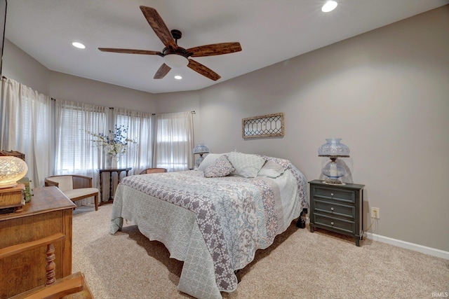 210 W Main St, Worthington, IN 47471 - bedroom featuring light colored carpet, baseboards, recessed lighting, and a ceiling fan