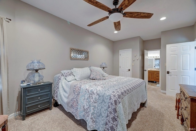 210 W Main St, Worthington, IN 47471 - bedroom with light carpet, recessed lighting, baseboards, connected bathroom, and a ceiling fan