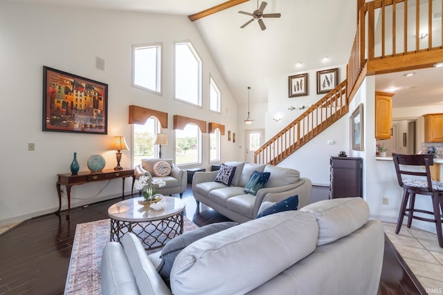 4609 N Sheldon Dr, Churubusco, IN 46723 - living room featuring stairs, high vaulted ceiling, ceiling fan, beam ceiling, and wood finished floors