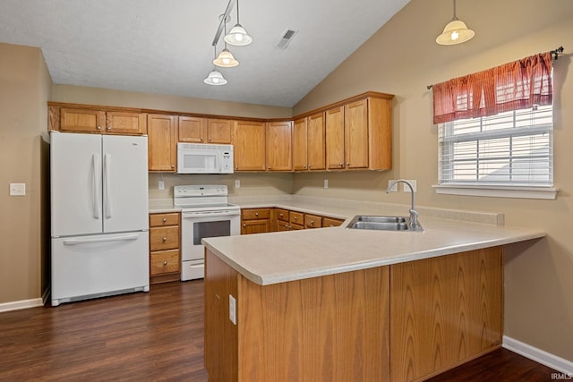 1890 Cal Dr, West Lafayette, IN 47906 - kitchen with white appliances, a sink, lofted ceiling, dark wood-type flooring, and baseboards
